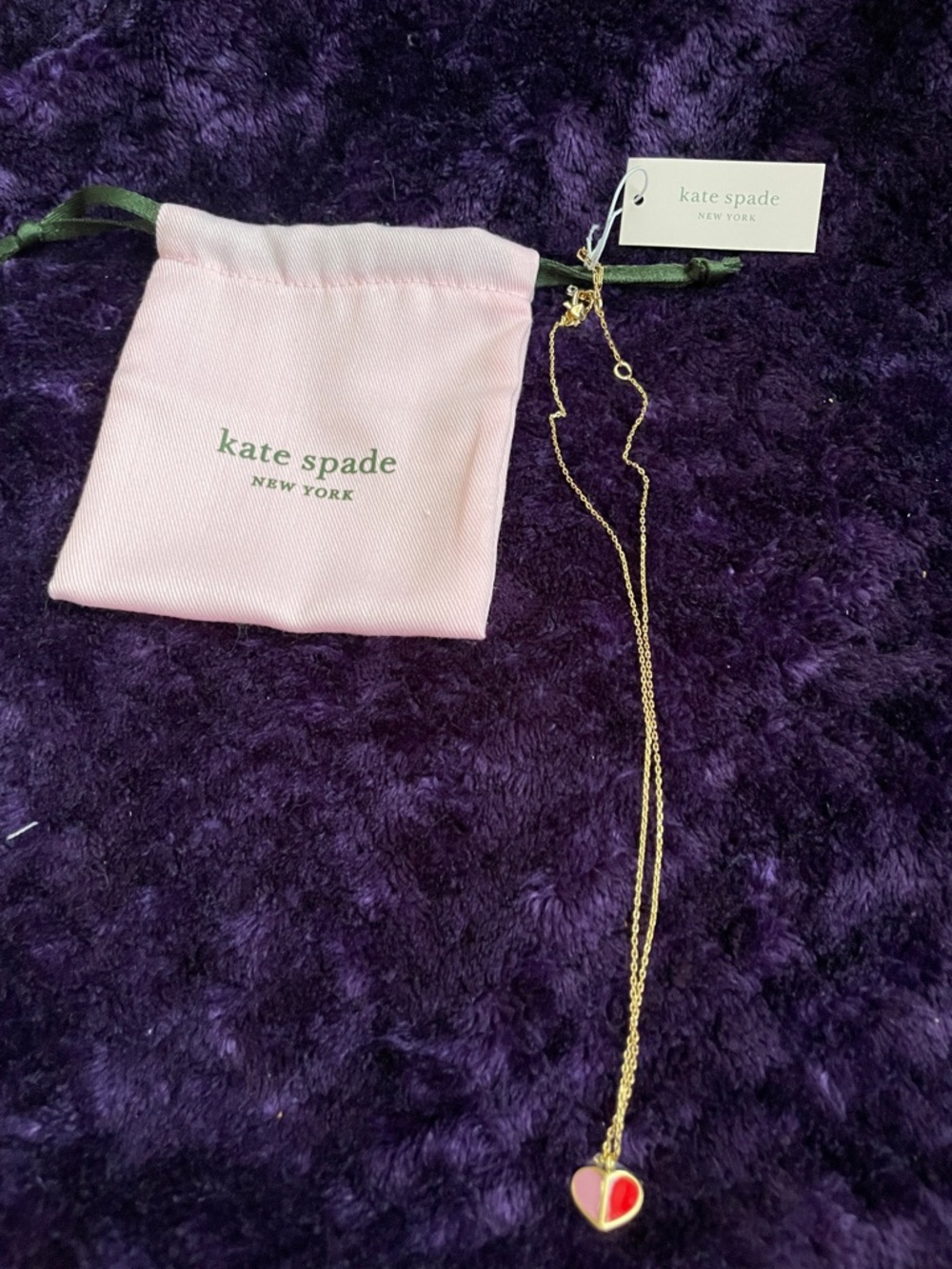 kate spade gold-tone necklace with pink and red heart charm with Dust Bag NWT